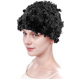 Medifier Floral Petal Swim Cap Bathing Cap for Women Girls Long Short Hair Retro Elastic Swimming Turban with Flowers Pearls Black