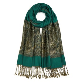 QIUTIMIY Paisley Pashmina Shawls and Wraps for Women Reversible Jacquard Festival Rave Pashmina Scarves with Fringe Vintage(Flower12-Dark Green)