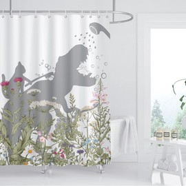 BIYSUC Cat Dinosaur Shower Curtain Funny Cat Help Dino Bathe Behind Wildflowers Trex Silhouette Shadow for Kids Bathroom Home Decor Waterproof Polyester Fabric 72Lx72W Inch with Hooks