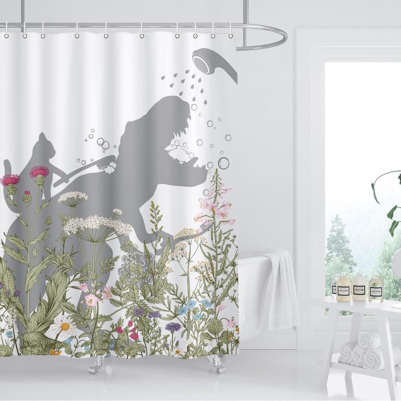 BIYSUC Cat Dinosaur Shower Curtain Funny Cat Help Dino Bathe