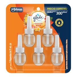 Glade Aromatizante para Hogar Líquido Eléctrico, Aceites Naturales, Aroma Hawaiian Breeze, 5 Repuestos de 21ml Cada Uno