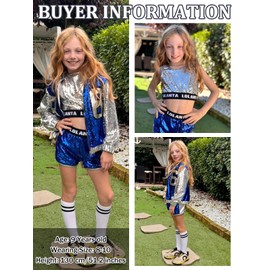 LOLANTA 4 Pieces Girls Hip Hop Dance Costume Kids Sequins Jazz Dance Clothing Set Socks Attached Blue, 6-7 Years, 130