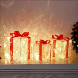 Set of 3 LED Lighted Boxes with Red Bows, Warm White Battery-Operated Holiday Decor for Home, Yard, and Tree