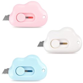 Cardboard Cutter, 3 Pieces, Small Cutter, Cute Cloud Cutter, Retractable Box Cutter, Auto Retractable with Key Holder Hole, Portable, Paper, Envelopes, Delivery Bag, Cardboard, Unpacking, Unpacking