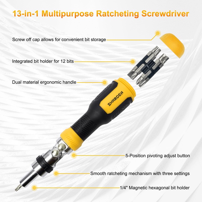 SHARDEN Ratcheting Multi Bit Screwdriver - 13-in-1 Tool Set, Flat