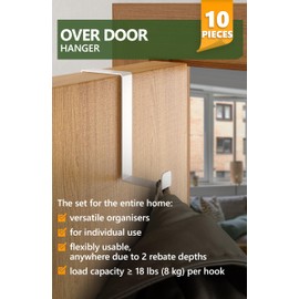 4smile Over Door Hanger Set of 10 – White Door Hooks for Leaf Depth 3.6 cm (1.4") + 4.6 cm (1.8"), Sturdy Coat Hooks for Door, Over Door Hook