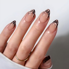 30 Pcs Short Press on Nails Almond Fake Nails with Leopard French Tip Designs Cat Eye False Nails Nude Glossy Gel Finish Acrylic Nails Natural Reusable Stick on Nails Kit for Women
