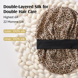 YFONG 100% 22 Momme Mulberry Silk Bonnet for Sleeping Women, Double-Layer Silk Hair Wrap with Adjustable Straps to Prevent Slipping,Luxurious Women's Sleep Cap for Hair Care, Leopard