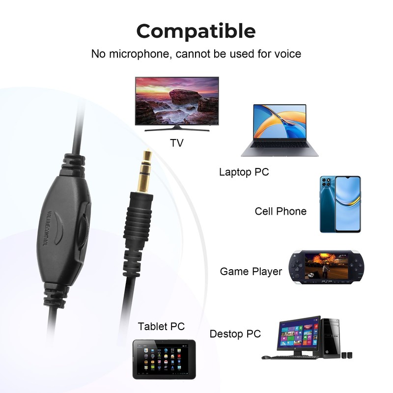 100SEASHELL Long Cord Tv Headphones for Seniors with Volume Control