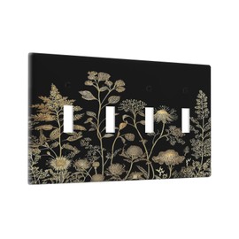 Gold And Black Floral Wildflowers Wall Plate Switch Plate Decorator Wall Plate Light Switch Cover 4 Gang Quad Toggle Outlet Cover for Kitchen Bathroom Decor 4.5 X 8 IN