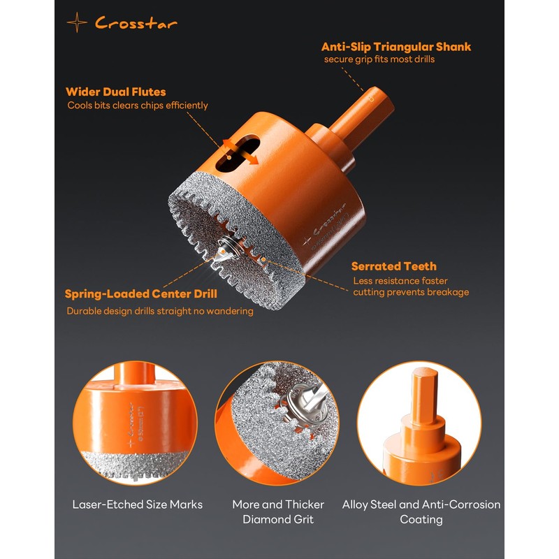 Crosstar 10PCS Diamond Hole Saw Kit with Pilot Bit &