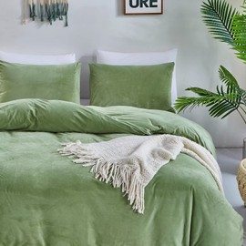 Houseri Sage Green Velvet Duvet Cover Queen Light Green Fluffy Bedding Set Sage Green Comforter Cover Full Size Duvet Cover Flannel Fuzzy Green Green Warm Micromink Sherpa Bedding Sets Queen Size