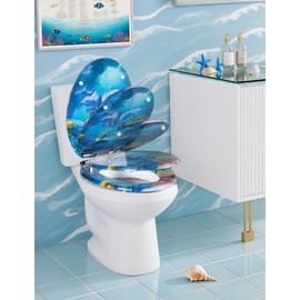 Angol Shiold Soft Close Wood Toilet Seat ELONGATED, Quiet and Slow Close Lid and Seat, Quick Release Easy Installation & Clean Hinges(18.5-inch, Blue Ocean Dolphins Family)