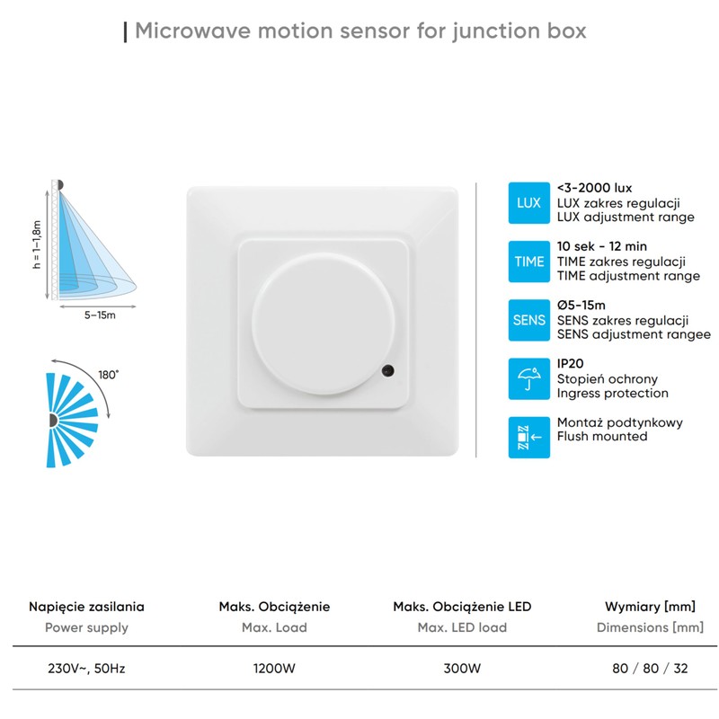 High Frequency 5.8 GHz Radar Motion Sensor Wall Installation Suitable