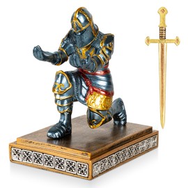 Akulgaci Medieval Knight Pen Holder with Sword, Kneeling King's Guard Warrior Pencil Stand Office Accessories Cool Fancy Desk Decor Gift for Men Father Husband Grandfather Boyfriend Boss Him