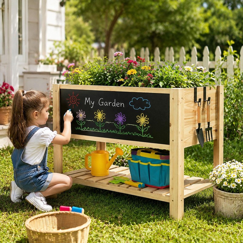 Wooden Elevated Kids Planter Box,Children Gardening Raised Bed