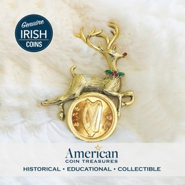 Brooch Irish Half Penny Coin Jewelry- Reindeer Pin- Goldtone Bezel-Minted in Ireland Featuring Harp Side