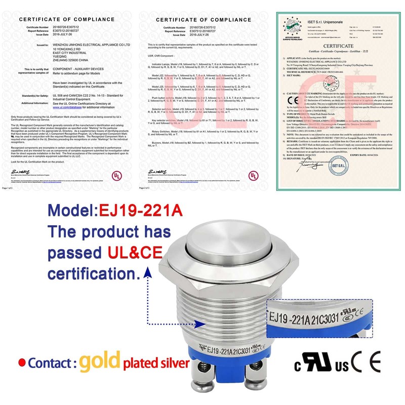 UL Listed 19mm High Momentary Push Button Switch 3/4", IP67