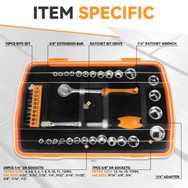 Auto Dynasty 41 Pcs 1/4" Ratchet Socket Wrench Set Drive Socket Tools Kit Set Hand Tool for Garage Warehouse Repair, Orange