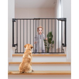 Cumbor 29.2-43" No Bottom Bar Baby Gate for Stairs, 2-in-1 Auto Close Dog Gate Indoor, Hardware Mounted Pet Gate for Doorways with Large Walk Thru Door, Child-Proof Safety Gate for Kids (Black)