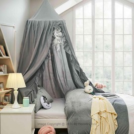 Hommi Lovvi Kids Bed Canopy, Dreamy Frills Canopy for Girls Bedroom Soft Ceiling Hanging Decoration Princess Canopy Net Reading Nook, Extra Large Full Size Bed Canopies with Light - Grey