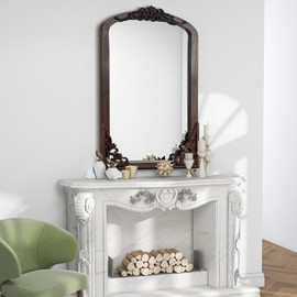 NicBex 36" x 24" Arched Vintage Wall-Mounted Mirror Carved Mirror Vanity Mirror Dressing Mirror Solid Wood Frame Wall Mirror for Bedroom Bathroom Entryways Living Room, Charcoal Brown