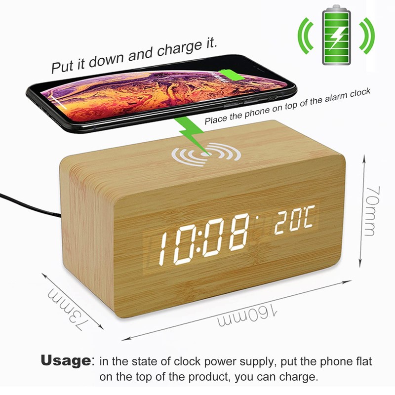 Buachois Wooden Digital Alarm Clock, Alarm Clock with Wireless Charging