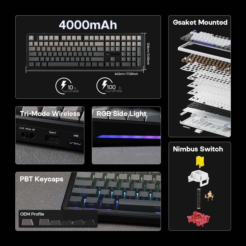EPOMAKER Aula F108 Wireless Gaming Keyboard, Full Size Mechanical Keyboard