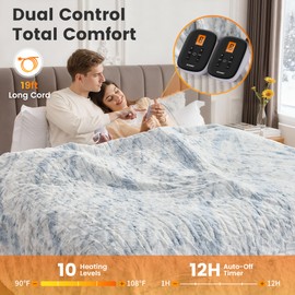 WOOMER Heated Blanket King Size 100" x 90", Electric Blanket with Dual Controllers, 0.5-12 Hours Timer & 10 Heating Levels, ETL Certified, Marble Blue Double-Sided Faux Fur, Machine Washable
