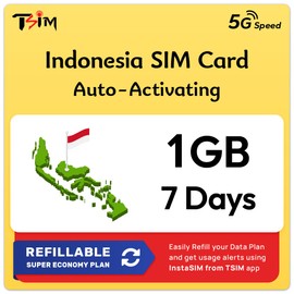 Indonesia SIM Card | 1GB Super Economy Refillable Plan! Auto Activating 7 Day Validity | 5G Speed + Hotspot | Data-Only No Phone Number