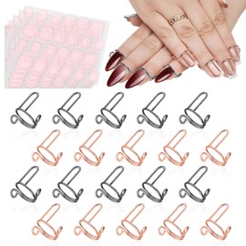 EBANKU Wudu Nail Ring for Acrylic Nails, Adjustable Fingernail Rings with 120 Pieces Nail Glue, Reusable Nail Ring Set for Artificial Nails, Nail Art Decoration (Rose Gold & Black)