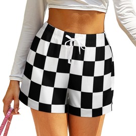 SEPTYK Black White Race Checkered Flag Pattern Womens Casual Shorts High Waisted Loose Summer Waist Pants S