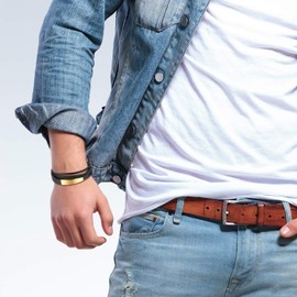 JewelryWe Jewellery Men's Leather Bracelet with Engraving - Handmade, Braided, Multi-Row Stainless Steel Bracelet with Magnetic Closure - Adjustable Cuff Bangle, Stainless Steel, Gold without engraving