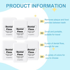 Baderke 6 Pack Mini Dental Floss, Travel Pack, 30 M Each Waxed Glide Floss Oral Care for Family Teeth and Gum Protection Effective Plaque Removal, Slides Smoothly(White)
