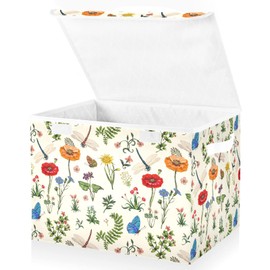 senya Large Storage Bins with Linen Summer Dragonflies Butterflies Poppies Flowers Collapsible Foldable Storage Cubes Fabric Closet Organizer Containers Box with Flip-Top Lid for Home Bedroom Office