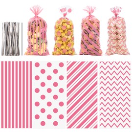Aubeco 120 Pack 10.6x5.1 Inch Cellophane Treat Bags with Ties - Polka & Pink Stripes Candy Gift Baggies for Birthday, Wedding Party Favors, Snack Packing Supplies
