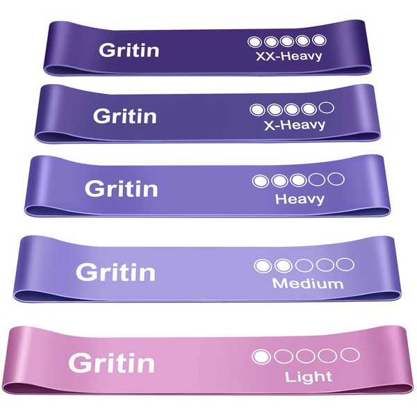Gritin Resistance Bands [Set of 5] Fitness Band Gymnastic Band 100% Natural Latex Thera Band with Exercise Instructions in German and Carry Bag for Muscle Building, Yoga, Crossfit, Gymnastics, etc.