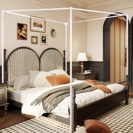 Stainless Steel Canopy Bed Frame Full Size, Heavy Duty Full Size Canopy Bed Frame, Metal Bed Frame, Sturdy Bed Post Poles Thicken Bed Canopy Frame for Metal Bed Wood Bed Bedroom Decor, White