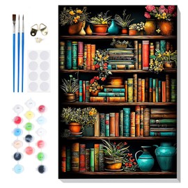 Bowetile Framed Paint by Numbers Bookshelf for Adults Beginners, Adults' Paint-by-Number Kits, Easy Adult Paint by Number Kits on Canvas, Acrylic Bookshelf Number Painting for Home Decor, 8x12in