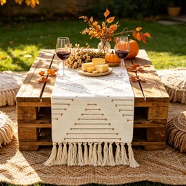 Fall Boho Table Runner with Tassels, Woven Farmhouse Decor, 12x48 Inch