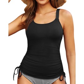 Women Tankini Top Only - Tummy Control Bathing Suit Top 2025 Modest Swim Tank Top Swimsuits No Bottom, Black, Small