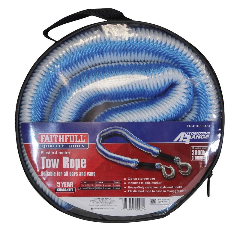 Faithfull FAIAUTRELAST Tow Rope Expanding 4M Metal Hooks 3 Ton