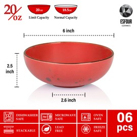 Esfour Round Porcelain Bowls - 18 Ounce - Set of 6 - Microwave, Oven, Dishwasher-Safe, Scratch Resistant, Porcelain Durable Small Dishes Bowls for Cereal, Salad, Pasta, Soup Dessert - Assorted Vivid