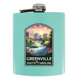 R and R Imports Greenville South Carolina Falls Park Design Souvenir 7 oz Steel Flask Matte Finish Seafoam 2-Pack