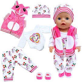 Puppenkleidung 36-43 cm, Baby Puppenkleider Enthält 1 Hut 1 Langarm Top 1 Ärmellose Jacke 1 Hose 1 Paar Socken, 5 Neu Kleidung und Zubehör, Niedliche Tierdrucke Puppensachen für Junge Mädchen Geschenk