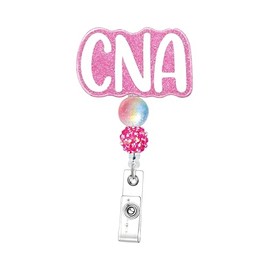 CNA Badge Holder with Pink Crystal Beads, 360° Swivel, Metal Alligator Clip, Retractable