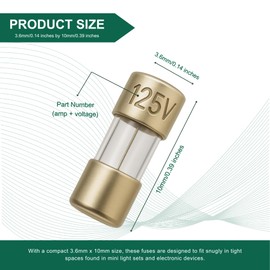 5A (5 Amp) Mini Glass Fuses, F5AL Micro Fuses 3.6 x 10mm (0.14 x 0.39 inches), 125V Fast-Blow, Fast Acting Replacement for Christmas Lights, String Lights, Electronics, Appliances, 6 Pack
