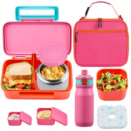 PIQUEBAR Kids Lunch Bento Box with 8oz Thermo Ice Pack Food Container with Insulated Lunch Bag, Insulated Water Bottle with Straw for Girls Boys, (A-Pink)