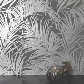 Tropical Palm Leaves Gray Silver Metallic Wallpaper Modern wallcoverings roll 3D