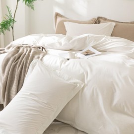 BDEAR Linen Feel Duvet Cover Oversize Queen Size, 100% Washed Cotton Comforter Cover Size 98x98inch with Zipper Closure and 2 Pillowcases, Solid-Off White